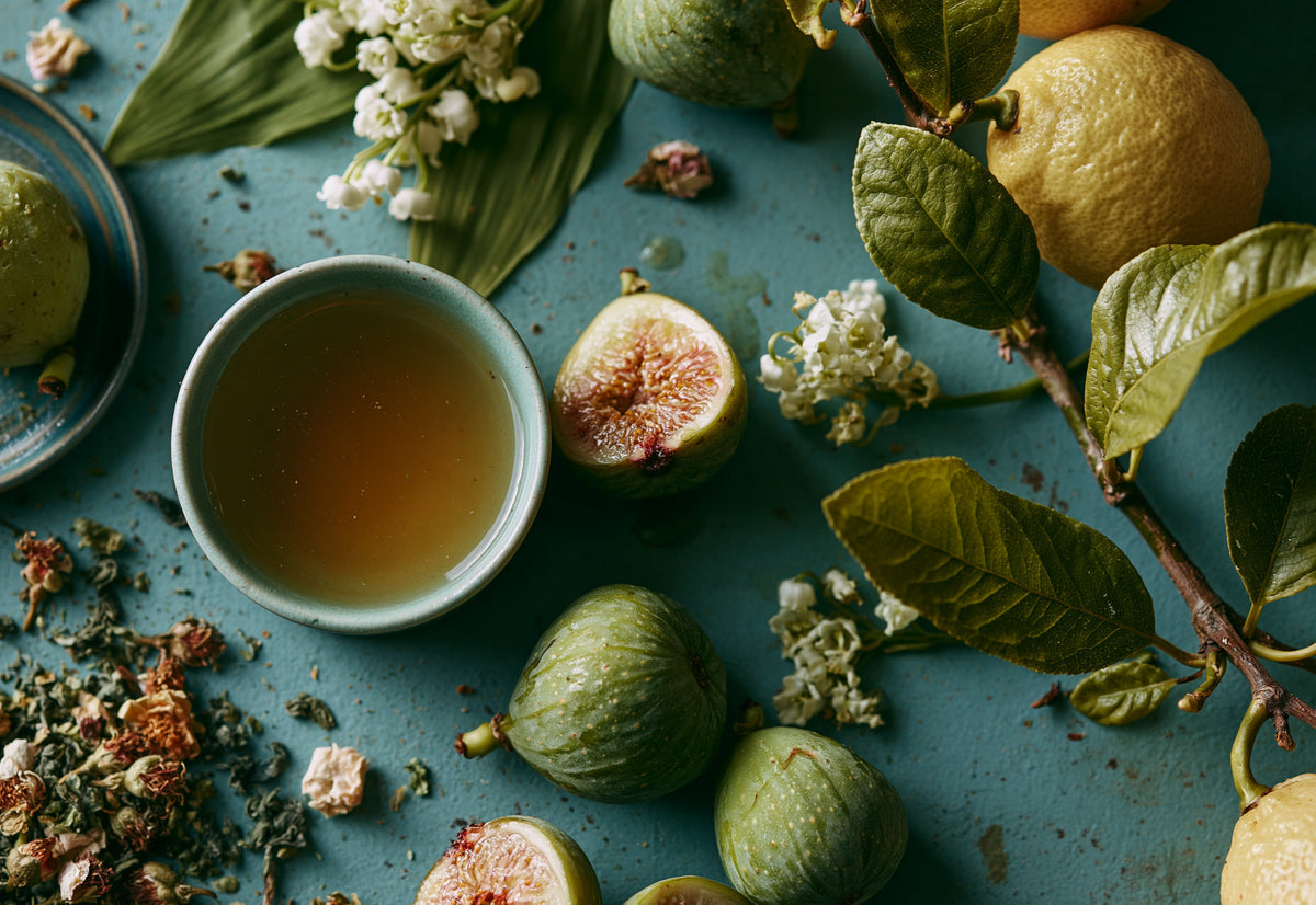 A styled flat-lay of a light blue ceramic cup filled with amber tea, surrounded by fresh green figs, yellow lemons, green leaves, white blossoms, and loose dried flowers on a textured teal-blue surface.