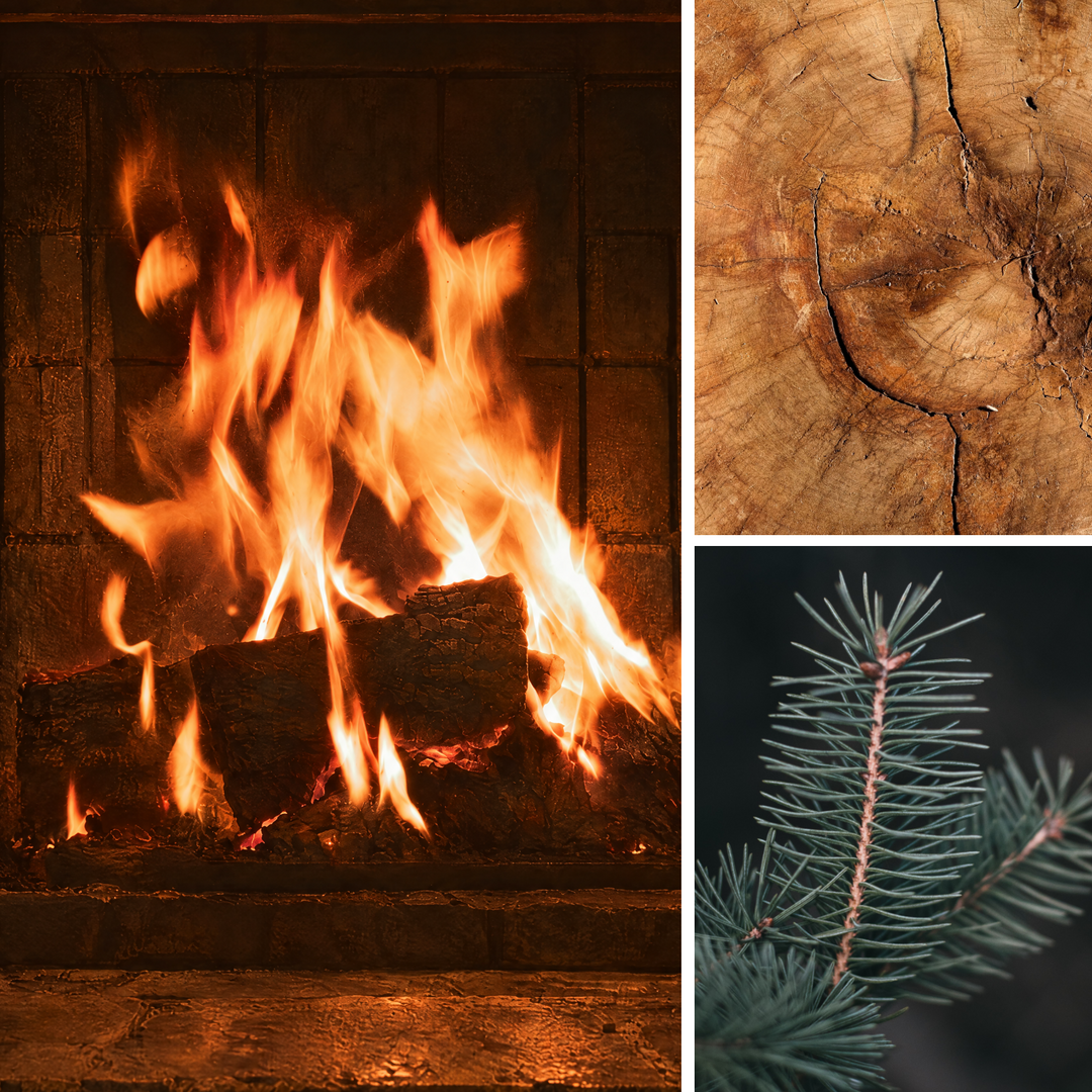 Fireside Teakwood Fragrance Group - A warm well lit fire in a stone fireplace, a fragrant warm piece of wood, and some pine needles are shown.