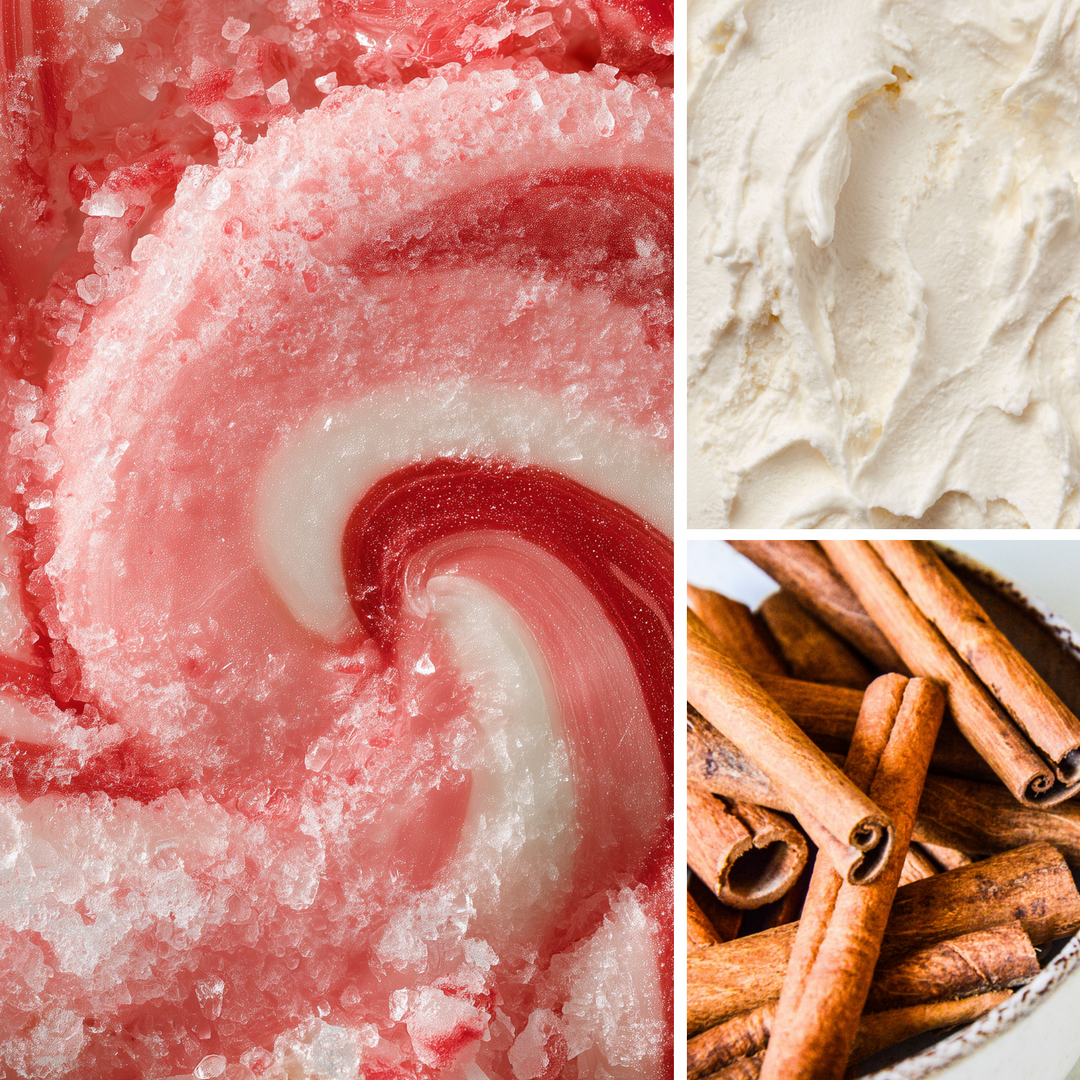 Iced Peppermint Vanilla Fragrance Group - A swirl of peppermint ice cream, creamy frosting, and cinnamon bark grouped together to expess the Iced Peppermint Vanilla Fragrance.