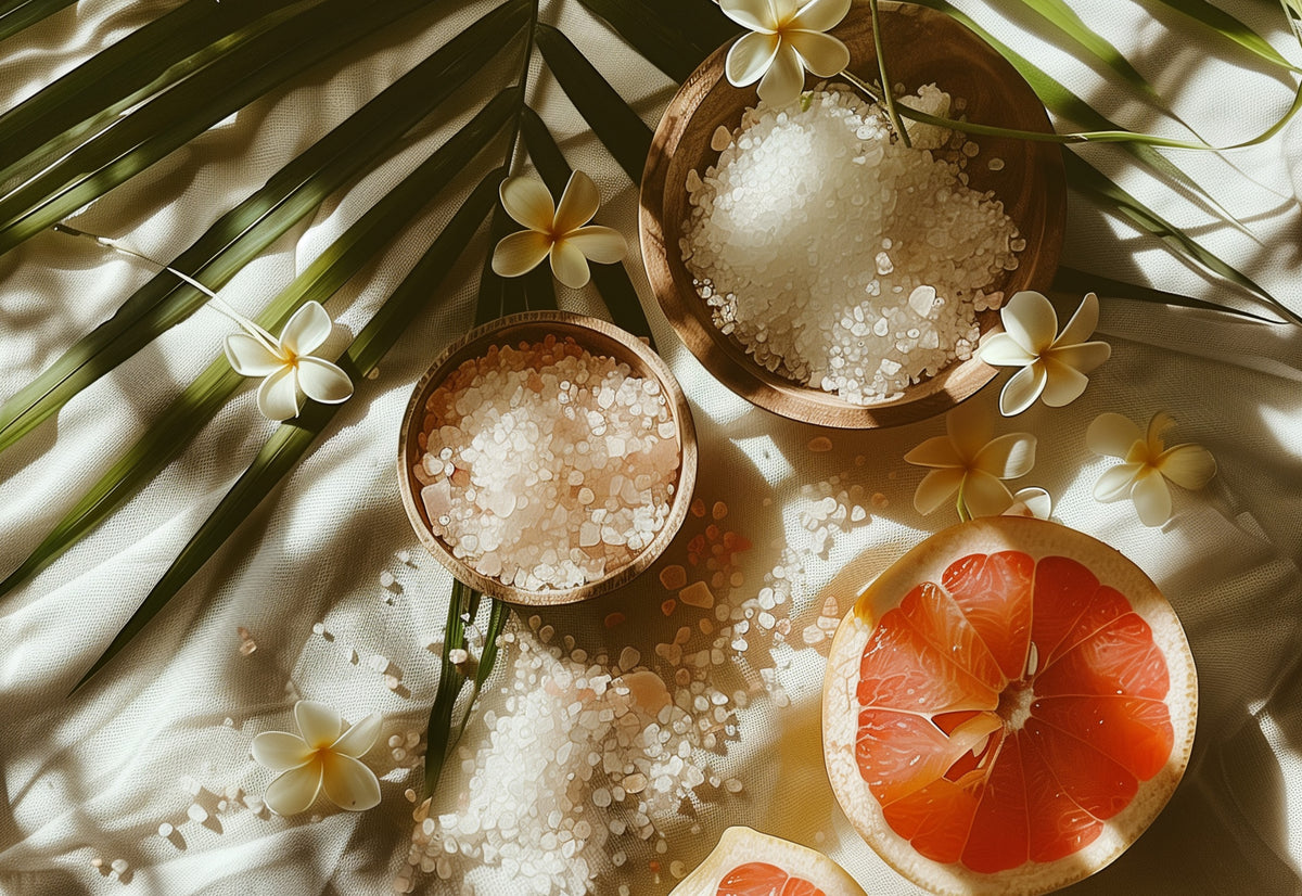 Two small wooden bowls filled with coarse white bath salts, arranged on a cream fabric with green palm leaves, scattered salt crystals, white flowers, and sliced grapefruit halves in warm natural light.