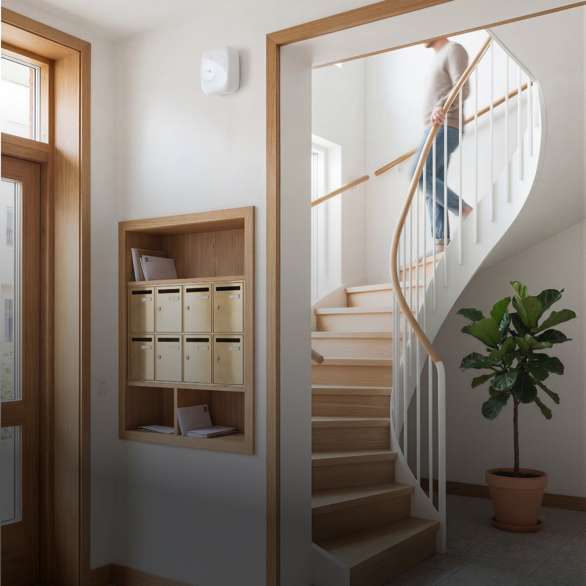 Modern interior with wooden shelves, staircase, and plant