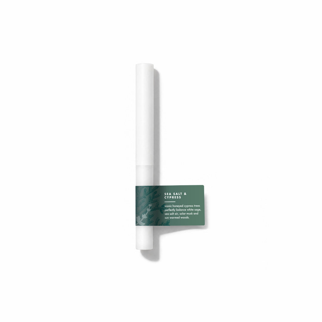 Sea Salt And Cypress Fragrance Sample Stick - Iconic honeyed cypress trees perfectly balance white sage, sea salt air, solar musk and sun warmed woods.
